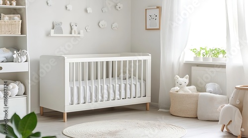 Minimalist White Nursery Room with Modern Crib Decor for Serene Infant Space : Generative AI