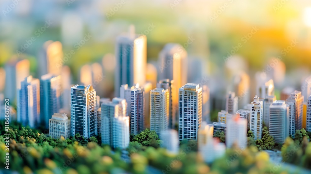 Obraz premium Modern Urban Cityscape with HighRise Buildings and Lush Greenery at Dusk : Generative AI