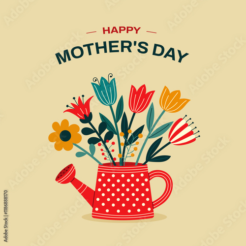 Happy Mother's Day. Cute garden red watering can in polka dots with flowers. Bouquet of spring flowers. Greeting card for birthday, international women's day, mother's day. Flat vector illustration.
