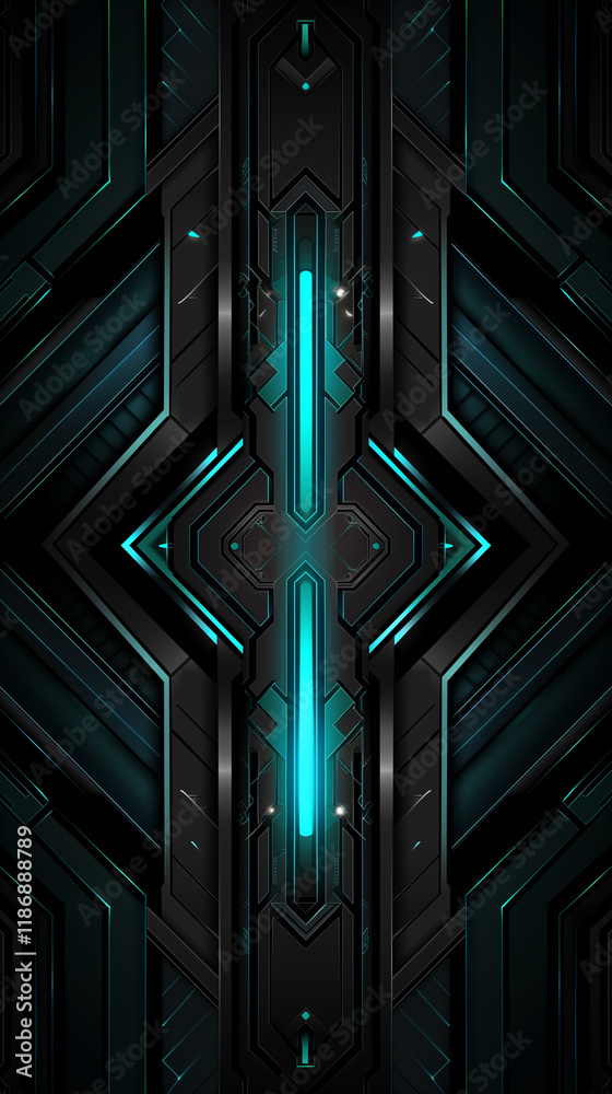 Obraz premium High-tech futuristic background with glowing cyan neon lines on a dark metallic surface