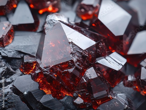 Glistening red crystals on a dark surface. photo