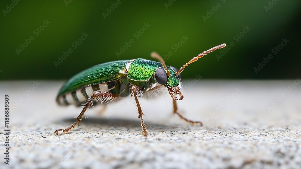 Fototapeta premium Closeup of a Vibrant Green Beetle on a Smooth Surface in Natural Light : Generative AI