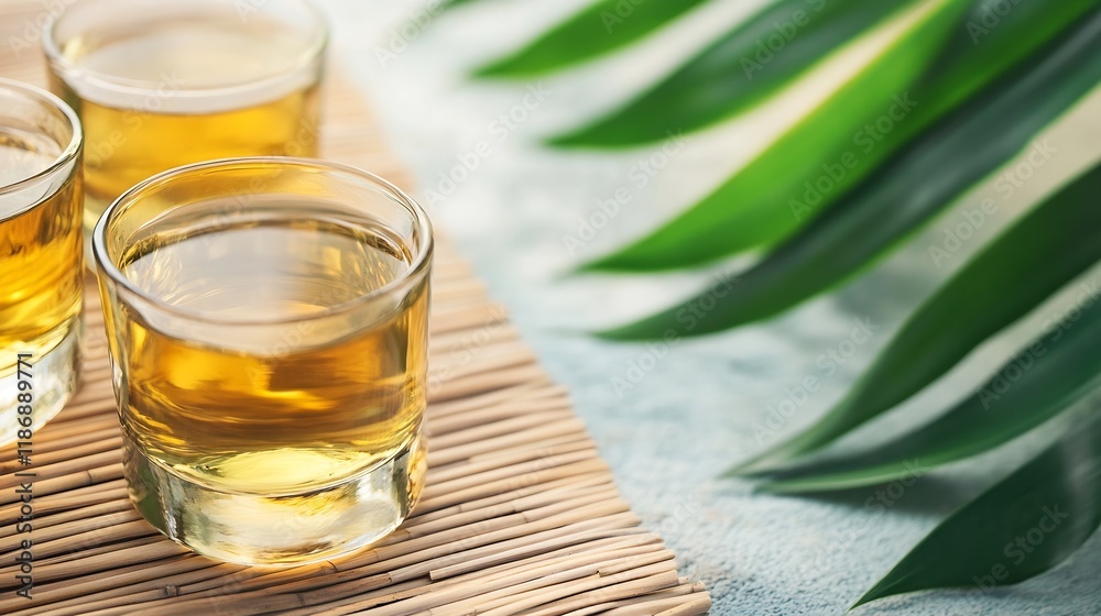 Refreshing herbal tea in transparent glass cups on a bamboo mat with lush green tropical leaves : Generative AI Refreshing herbal tea in transparent glass cups on a bamboo mat with lush green tropical leaves : Generative AI