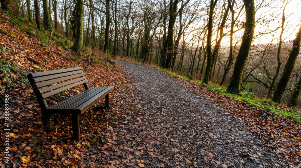 Cozy Wooden Bench Surrounded by Autumn Leaves and Trees at Sunset