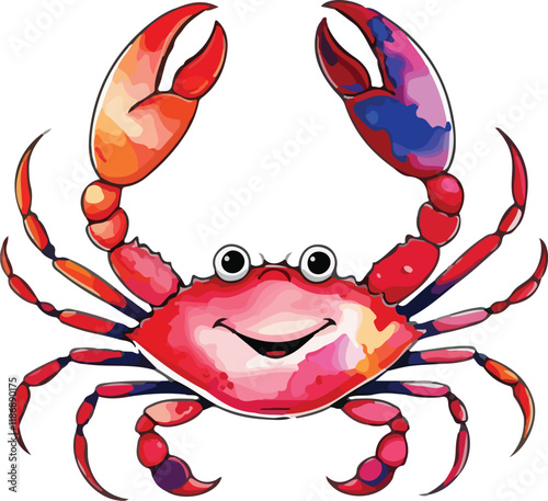 Watercolor vector of a cartoon shrimp, isolated on a white background, shrimp animation. Vector illustration of a cartoon animation of Crap, painted in watercolor, isolated on a white background.