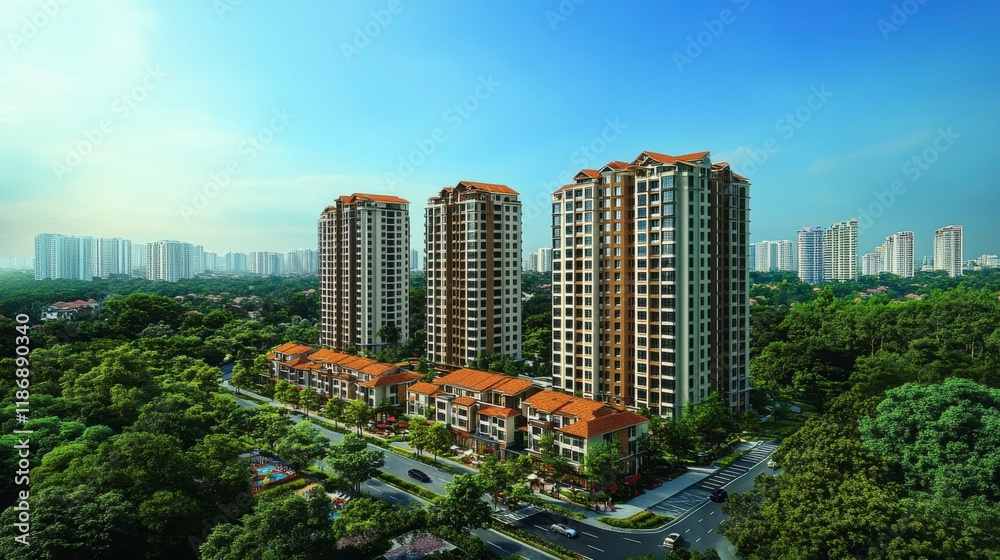 Fototapeta premium Creative concept of a mixed-use building, featuring apartments, retail spaces, and recreational areas, illustrating the rise of multifunctional structures in modern cityscapes