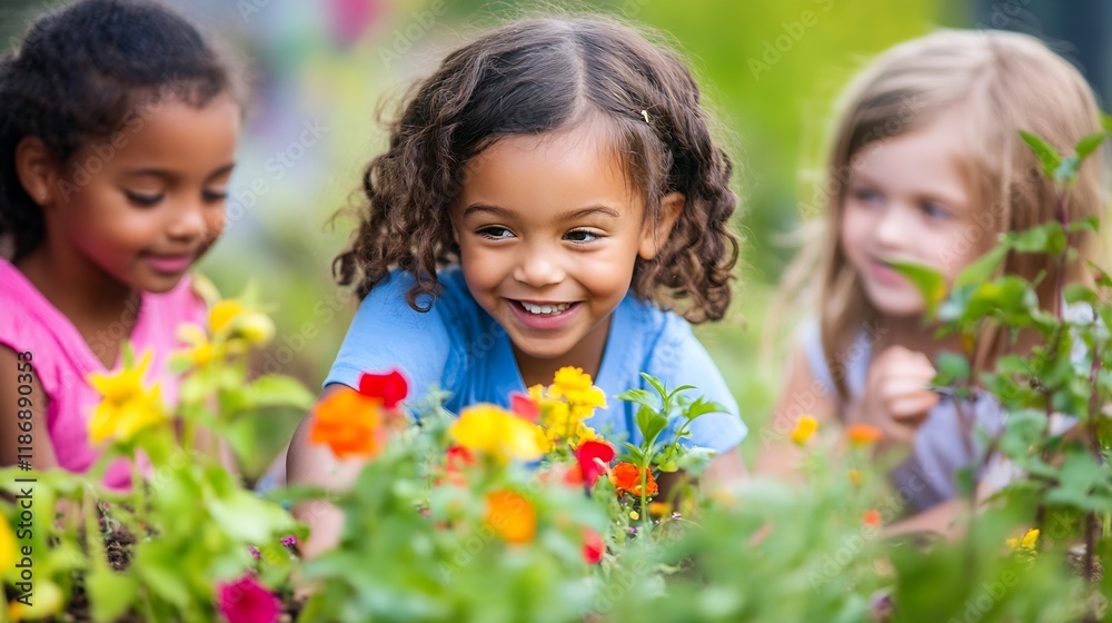 Joyful Children Bonding Over Gardening Activities in a Lush Colorful Flower Garden Setting : Generative AI Joyful Children Bonding Over Gardening Activities in a Lush Colorful Flower Garden Setting : Generative AI