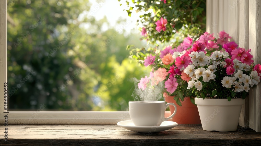 Cozy Window Scene with Coffee and Colorful Flower Pots Cozy Window Scene with Coffee and Colorful Flower Pots