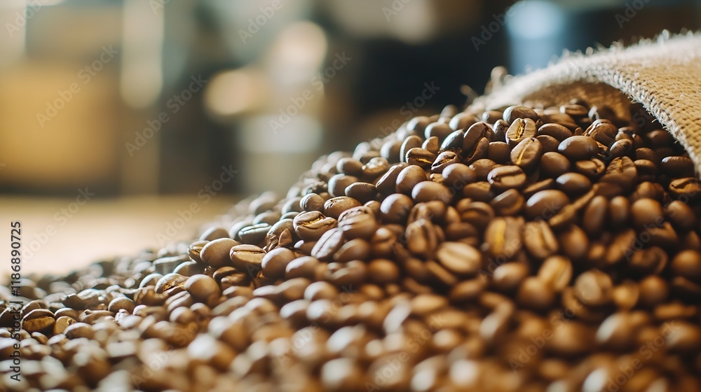Obraz premium Closeup of Premium Coffee Beans Spilling From a Rustic Sack Bag in a Cozy Setting : Generative AI