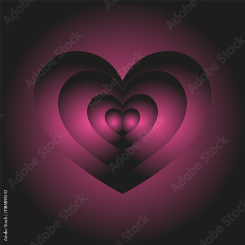 Romantic love heart tunnel background. Vector mesmerizing heart-shaped frame with dimension layers in red, glowing hues, symbolizes the journey of love, creating a dreamlike and enchanting atmosphere.