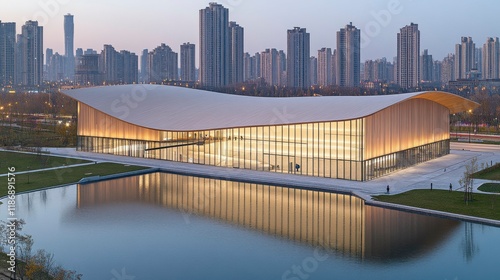 Artistic depiction of futuristic architecture, with dynamic, curvilinear structures, smart lighting systems, and solar-powered exteriors, highlighting the integration of nature and technology in