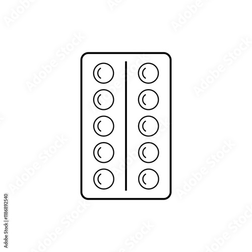 Black and white line icon of a blister pack containing round pills, representing medication, pharmaceuticals, and healthcare on a white background. Vector illustration