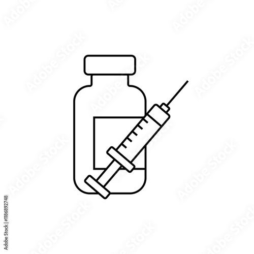 Medical ampoule and syringe icon. Black and white line icon of a vaccine bottle and syringe, symbolizing vaccination, immunization, and medical treatment on a white background. Vector illustration