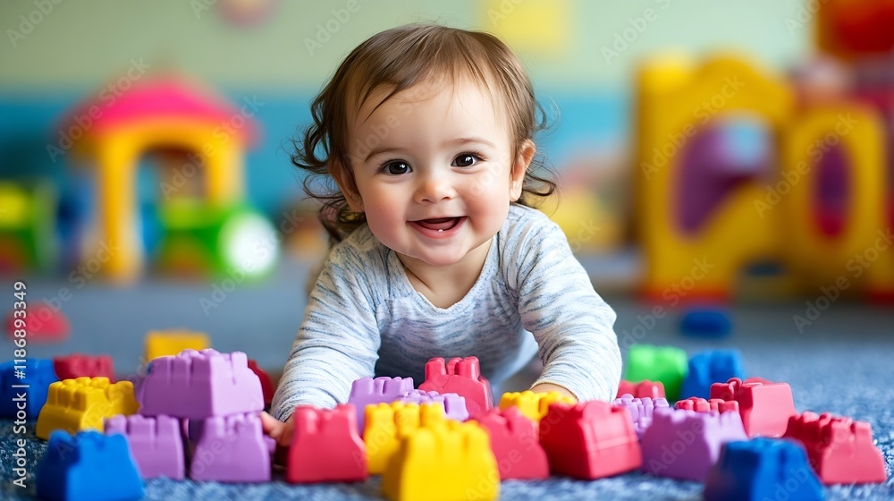 Happy Baby Playing with Colorful Building Blocks on Playroom Floor : Generative AI Happy Baby Playing with Colorful Building Blocks on Playroom Floor : Generative AI