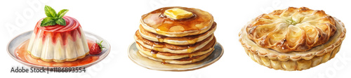 Delicious dessert trio, vibrant colors, creamy panna cotta, fluffy pancakes, golden pie crust, appetizing presentation.