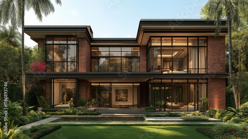 Illustration of a house being built with a mix of traditional brickwork and modern eco-friendly materials, symbolizing the trend toward sustainable residential construction