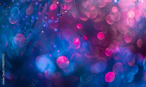A delicate spread of blue and purple bokeh lights illuminates the dark backdrop, evoking a dreamy, ethereal feel