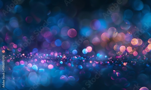 Dreamy blue and purple bokeh lights softly scatter across a smooth, dark backdrop, creating a tranquil vibe