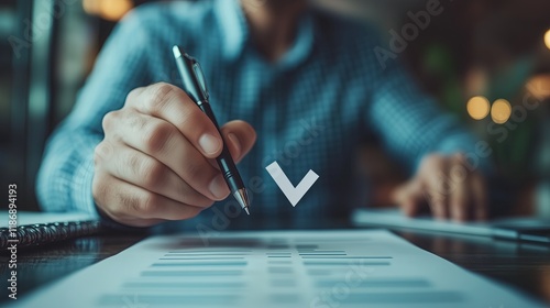 A man is writing with a pen on a piece of paper. The paper has a check mark on it
