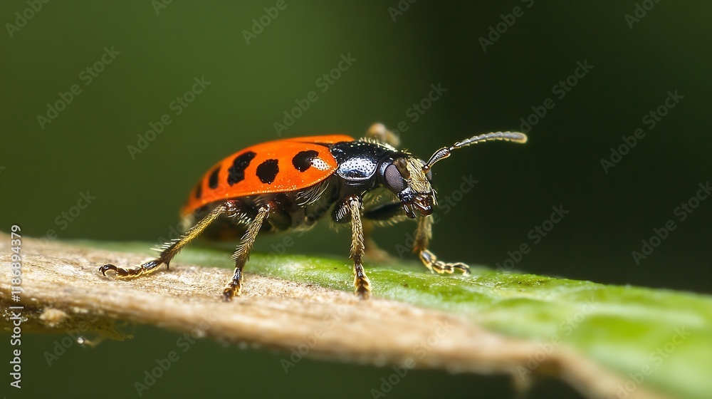 Closeup of Small Red and Black Beetle on Green Leaf in Detail with Natural Background : Generative AI Closeup of Small Red and Black Beetle on Green Leaf in Detail with Natural Background : Generative AI