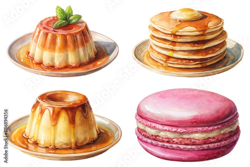 Delicious desserts, watercolor illustration, sweet treats, pancakes with syrup, caramel flan, pink macaroon, vibrant colors.