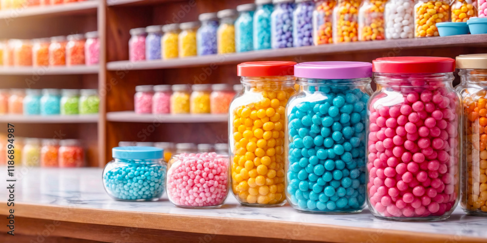Colorful Candy Jars on Wooden Shelf