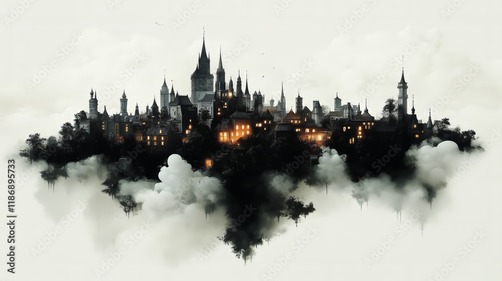 Fototapeta premium Floating medieval castle: enchanted skyline above the clouds
