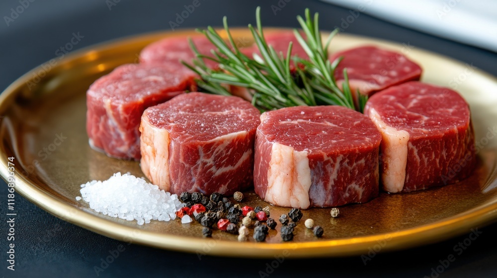 Deliciously marbled beef tenderloin steaks garnished with fresh rosemary and sprinkled with sea salt and pepper on a gold plate Deliciously marbled beef tenderloin steaks garnished with fresh rosemary and sprinkled with sea salt and pepper on a gold plate