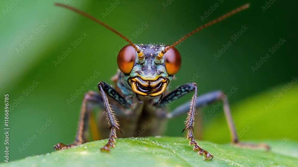 Closeup of Praying Mantis on Leaf Highlighting Insect Details in Natural Habitat : Generative AI Closeup of Praying Mantis on Leaf Highlighting Insect Details in Natural Habitat : Generative AI