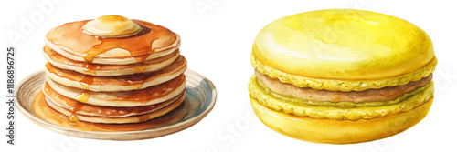 Delicious pancakes with syrup, vibrant yellow macarons, watercolor food illustration, gourmet dessert art.
