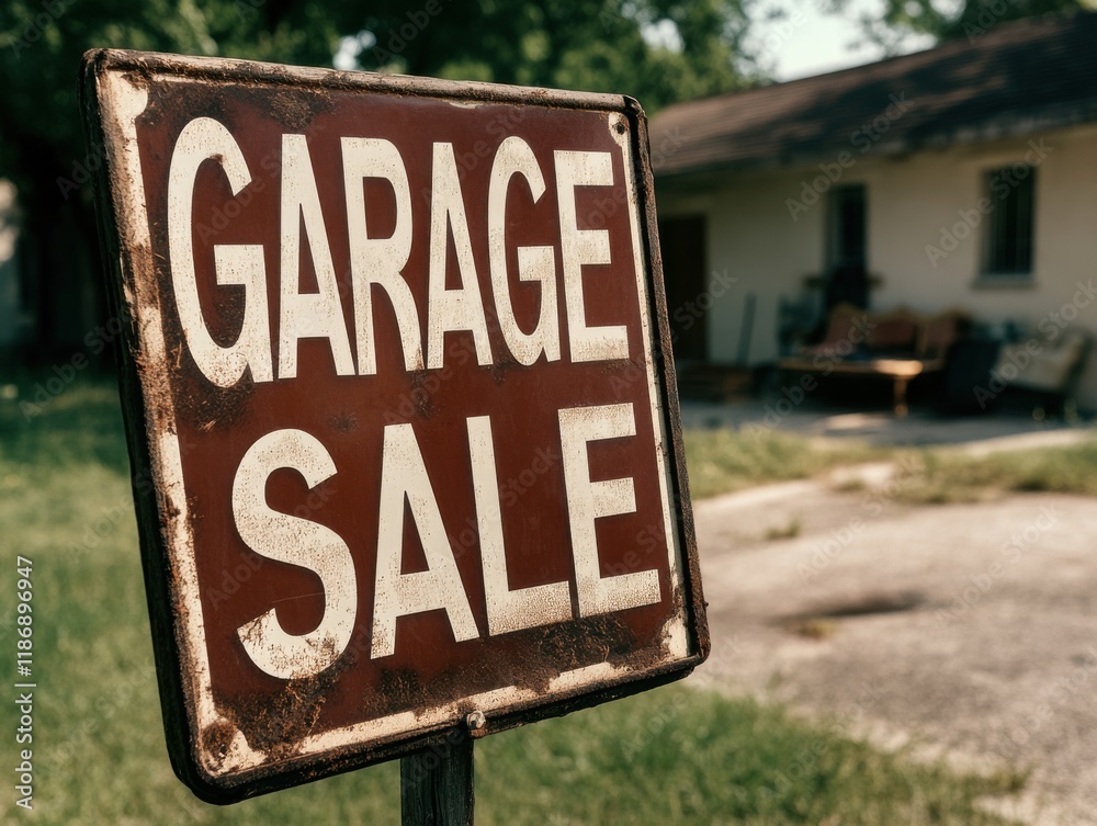 Sign indicating a garage sale with a rustic charm taking place in a suburban neighborhood on a sunny day Sign indicating a garage sale with a rustic charm taking place in a suburban neighborhood on a sunny day