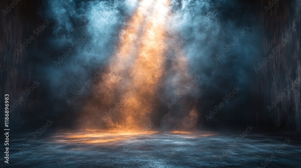 Orange and blue smoke rising from concrete floor in dark room Orange and blue smoke rising from concrete floor in dark room