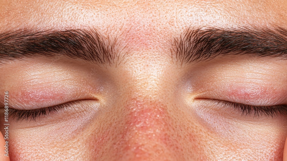 Obraz premium A close-up of a person's closed eyes, showcasing natural skin texture and eyebrow shape, conveying a sense of calm and tranquility.