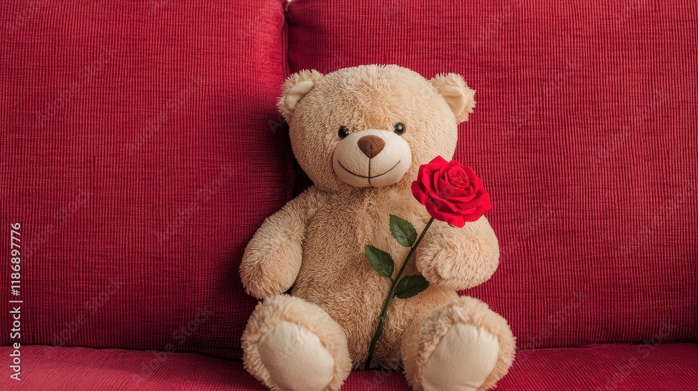 Fototapeta premium Valentine bear with romance and joy idea. Teddy bear holding a red rose on a red couch.