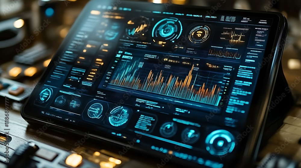 Fototapeta premium Futuristic Tablet Displaying Data Graphs and Charts