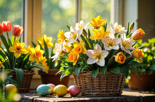 Wallpaper Mural Celebrate Easter with vibrant flowers and colorful eggs in a cozy spring setting. Happy Easter Banner Torontodigital.ca