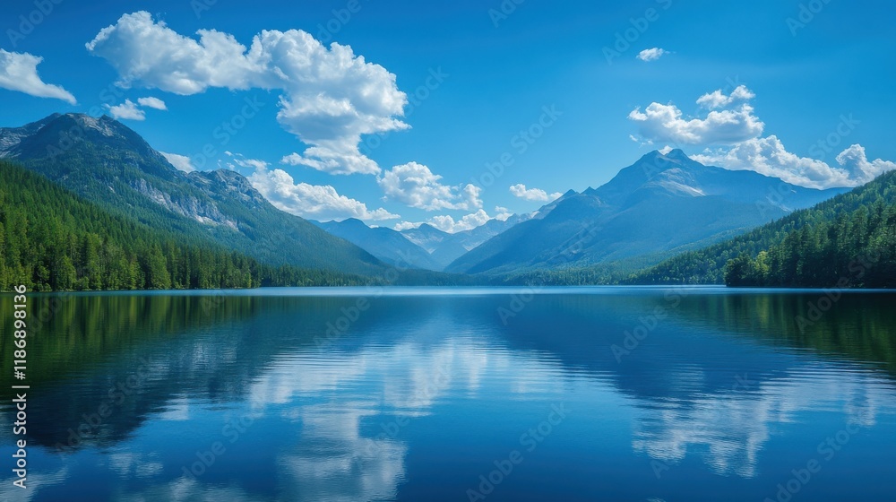 Lake with lofty mountains and hiking trails under blue sky Lake with lofty mountains and hiking trails under blue sky