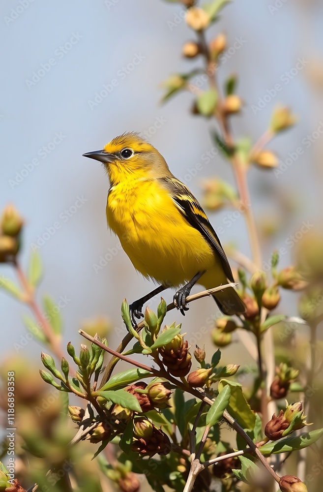 Yellow bird perched on a branch. Yellow bird perched on a branch.