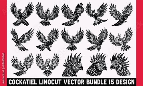 Cockatiel Linocut Vector Bundle - Artistic Bird Graphics with Retro Hand-Drawn Style, Ideal for Posters, Patterns, and Boho Nature-Themed Creations.