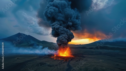 Erupting volcano sends ash and lava high into the sky at sunset over the mountainous landscape photo