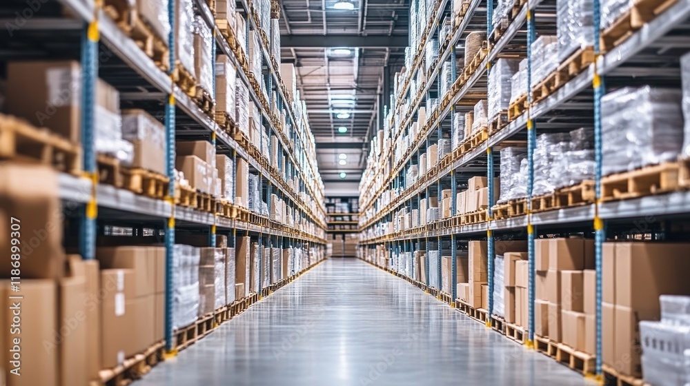 Warehouse Aisle with Cardboard Boxes on Metal Shelves