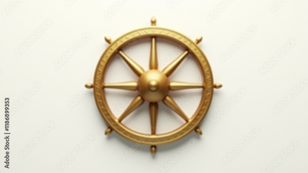 Fototapeta premium golden Dharma wheel isolated on a white background, sleek and minimalist