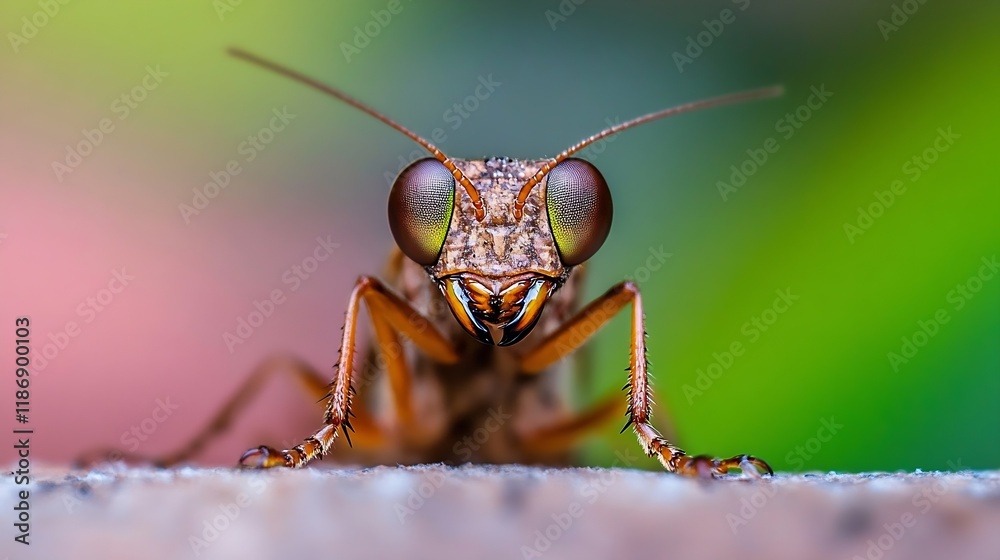 Fototapeta premium Close Up Macro Shot of Praying Mantis on Leaf with Colorful Background : Generative AI