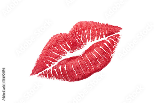 A vibrant red lipstick mark against a black background. The print is detailed, showing unique texture and lip lines, symbolizing boldness and passion, isolated on a transparent background
