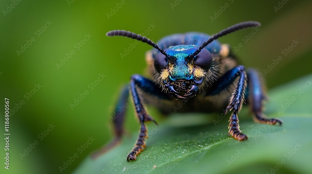Naklejka premium Vibrant Metallic Blue Beetle on Leaf Closeup Showing Detailed Texture : Generative AI