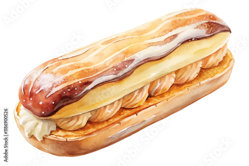 Delicious pastry illustration, creamy filling, chocolate topping, watercolor style, dessert art, food photography, culinary delight.