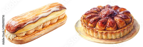 Delicious pastries, watercolor illustration, sweet desserts, eclair and tart, gourmet treats, culinary art.