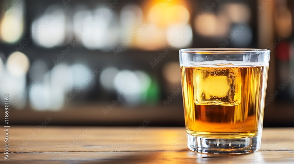 Smooth Whiskey or Bourbon Drink with Ice Cube Served in Tumbler Glass at Bar : Generative AI Smooth Whiskey or Bourbon Drink with Ice Cube Served in Tumbler Glass at Bar : Generative AI