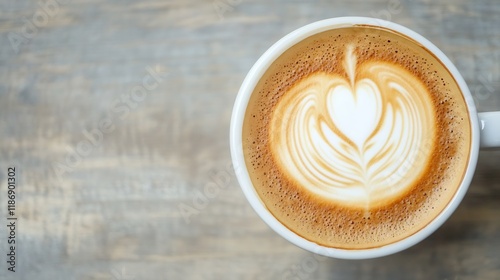 Wallpaper Mural Aerial View of Beautifully Crafted Latte Art in a Ceramic Mug on Rustic Wood Background : Generative AI Torontodigital.ca