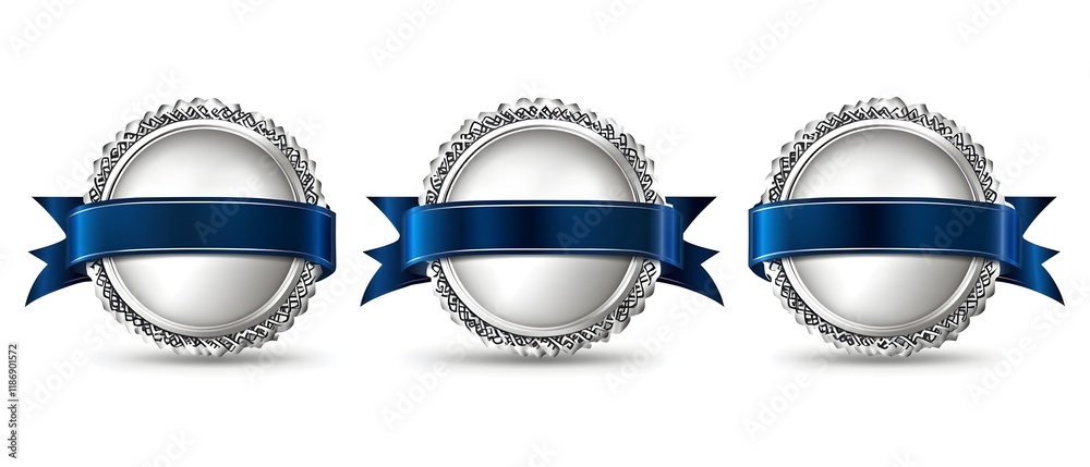 Three blue and white buttons with a bow on them Three blue and white buttons with a bow on them